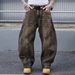 Men's Retro Patchwork Washed Denim Jeans - Loose Straight Fit With Leopard Print & Distressed Details_viptrois.com