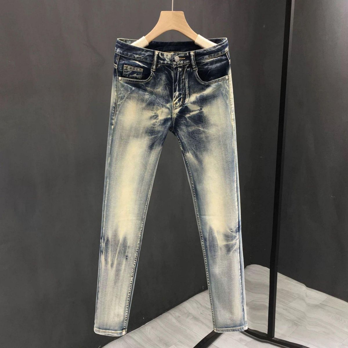 Men's Clothing Men's Trendy Washed Retro Personality Nine Point Pants Slim Fit Skinny Stretch Jeans Trendy All Match Casual Pants_viptrois.com