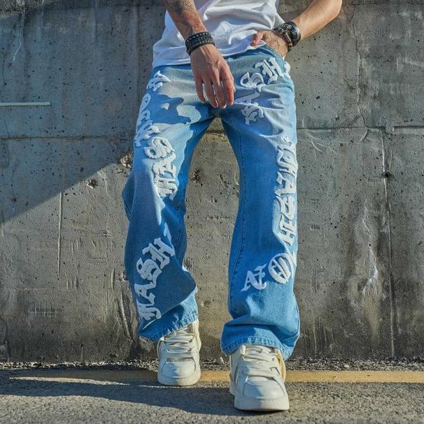 Cross-border Trade Men's Trendy Fashion Simple Loose Straight Casual Jeans_viptrois.com