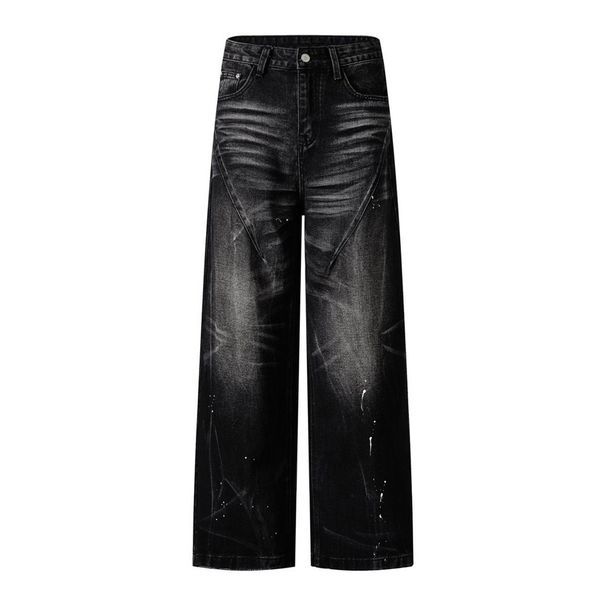 Punk Washed Vintage Denim Straight-Leg Men's Wasteland Style High Street Trend Ink-Sprayed Distressed Casual Loose Pants_viptrois.com