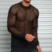 Long Sleeved Drop Shoulder Perspective T-Shirt, Fitness Breathable Mesh Hollow Bottom Shirt, Trendy Men's T-Shirt_viptrois.com