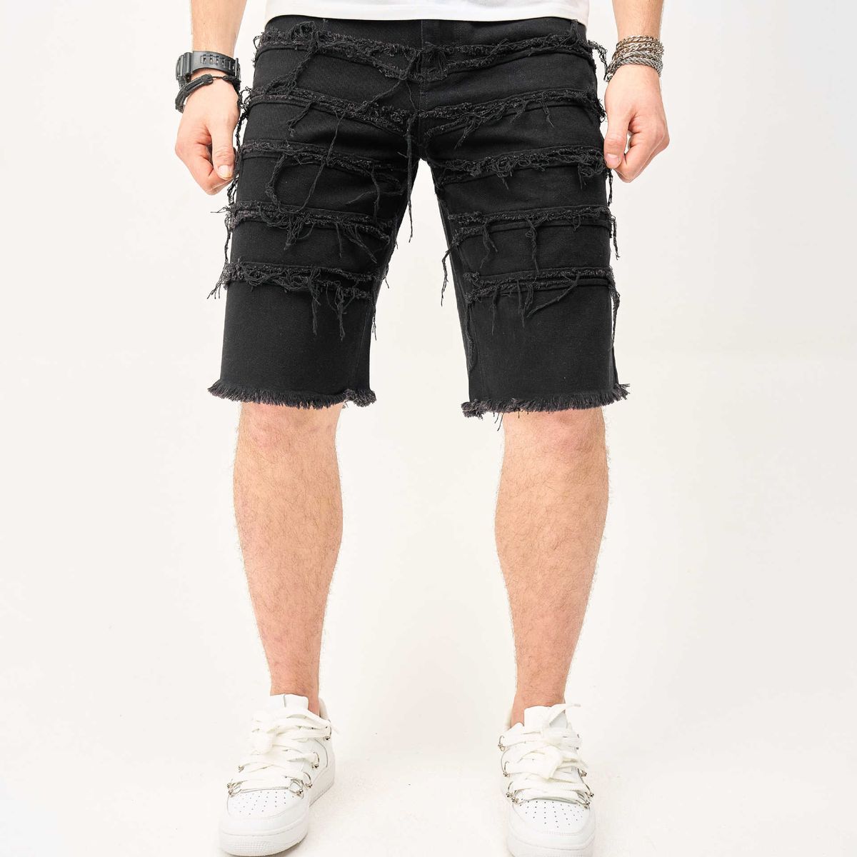 Men's Clothing High Street New Straight Shorts Trendy Patch Raw Edge Shorts Loose Casual Jeans_viptrois.com