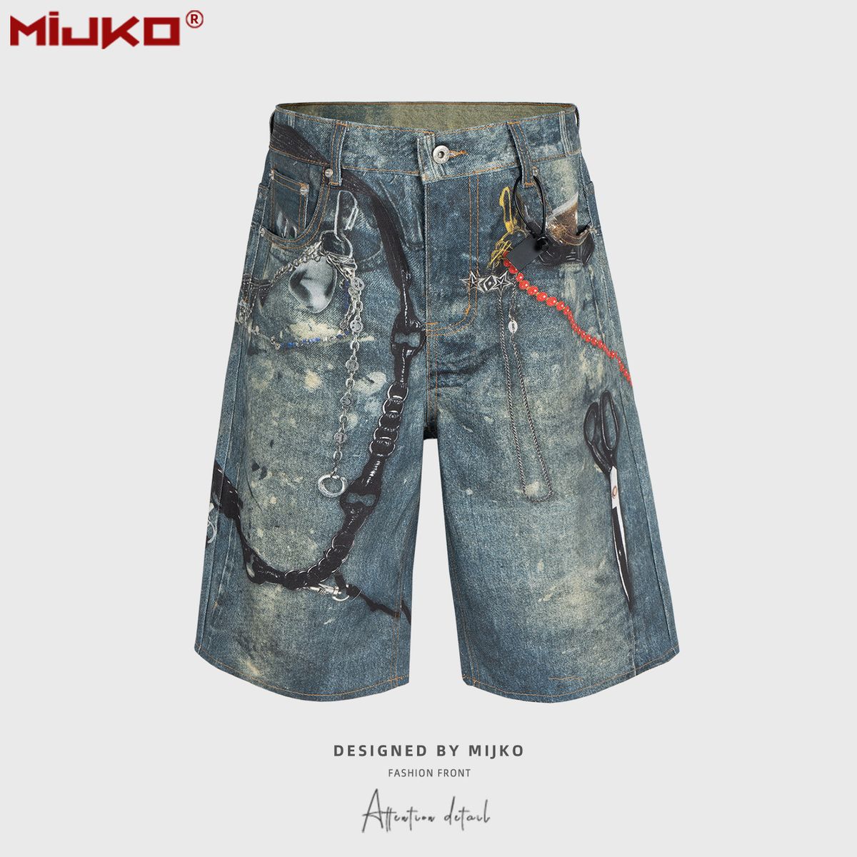 Men's Clothing Men's And Women's Spring And Summer New Old Retro Pants High Street Men And Women's Same Style 3D Scissors Printed Denim Shorts_viptrois.com