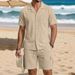 Men's Linen Cotton Short Sleeve Shirt And Shorts Set Casual Breathable Summer Outfit With Collar_viptrois.com