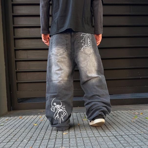 European And American Style Embroidered Skull Pattern Loose Wide-Leg Jeans Street Fashion Long Pants_viptrois.com
