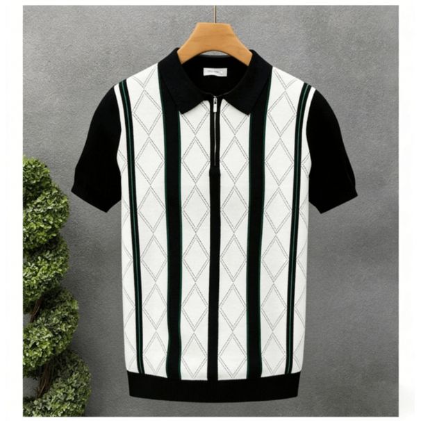Men's Summer Trendy Ice Silk Knit Polo Shirt Short Sleeved British Style Color Blocked Striped Fashionable Turn Down Collar T-Shirt_viptrois.com