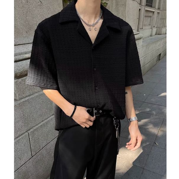 Men's Clothing Black Textured Jacquard Short Sleeved Shirt Trendy Handsome Casual Collar Shirt_viptrois.com
