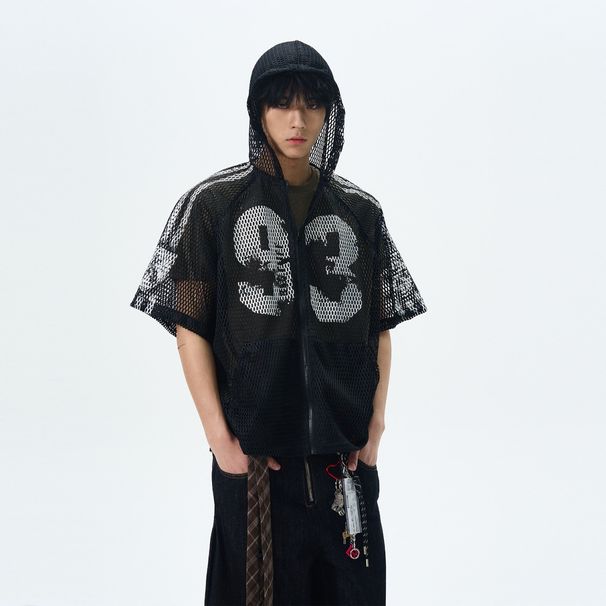 American-style Digital Zipper Hollow-out Hooded Jersey Men And Women, Summer Loose-fitting Short-sleeve_viptrois.com
