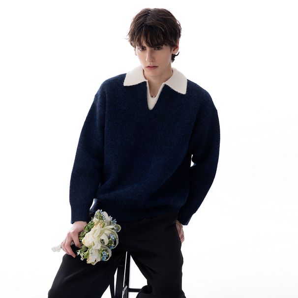 Men's Smart-Casual Layered Collar Sweater – British-Inspired Knit Pullover With Faux Two-Piece Design, Soft Polyester Blend For Winter_viptrois.com