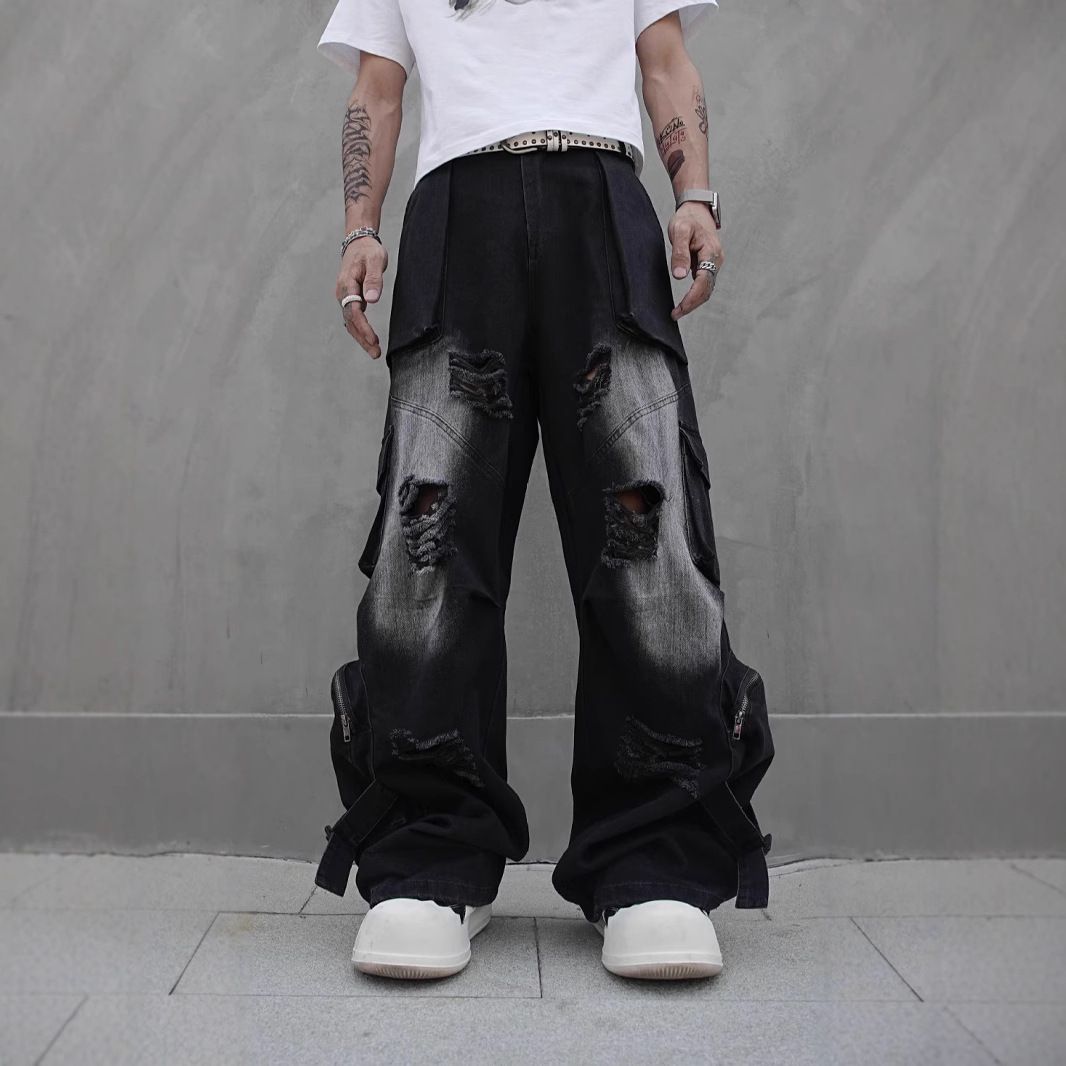 Men's Clothing Vibe Street Hip Hop Overalls Hip Hop Jeans Straight Wasteland High Street Multi Pocket Mopping Pants_viptrois.com