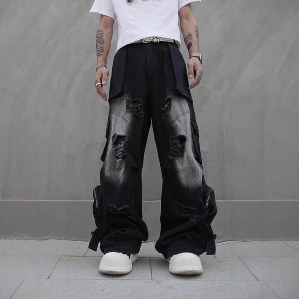 Men's Clothing Vibe Street Hip Hop Overalls Hip Hop Jeans Straight Wasteland High Street Multi Pocket Mopping Pants_viptrois.com