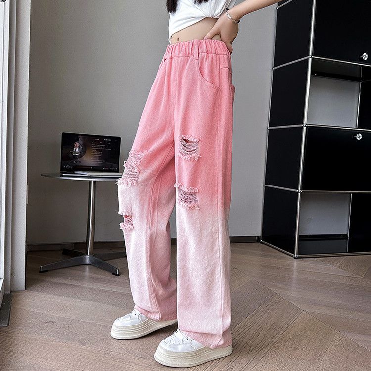 2533 Pink Gradient Ripped Straight Pants New Children's Miscellaneous European And American Jeans_viptrois.com