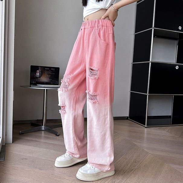 2533 Pink Gradient Ripped Straight Pants New Children's Miscellaneous European And American Jeans_viptrois.com