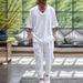 Men's Clothing Spring And Autumn Men's Cotton And Linen V Neck T Shirt Casual Short Sleeved Trousers Beach Suit_viptrois.com