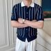 Men's Clothing Lapel Short Sleeved Knitted Sweater Cardigan Striped Business Slim Ice Silk Shirt_viptrois.com