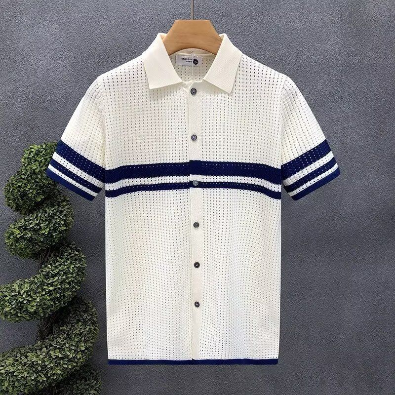 Men's Stripe Knit Polo Shirt Breathable Mesh Short Sleeve Casual Loose Fit Summer Top Comfort-Optimized Loose Fit_viptrois.com