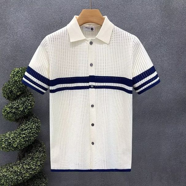 Men's Stripe Knit Polo Shirt Breathable Mesh Short Sleeve Casual Loose Fit Summer Top Comfort-Optimized Loose Fit_viptrois.com
