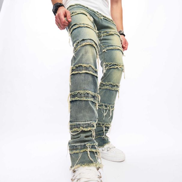 Men's and womenCross-border washed jeans for in spring and autumn American retro raw edge design loose straight wide-leg floor mopping pants_viptrois.com