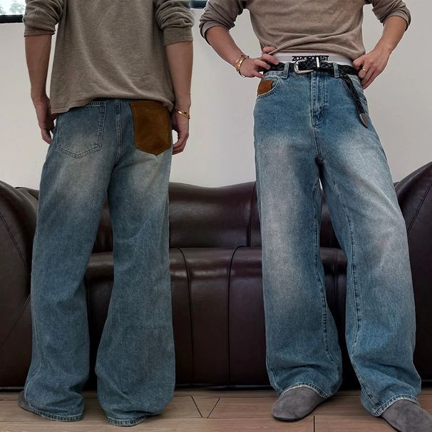 Vintage Hong Kong Style Blue And White Patchwork Commuter Jeans American High Street Cool Comfortable Men's Casual Pants_viptrois.com