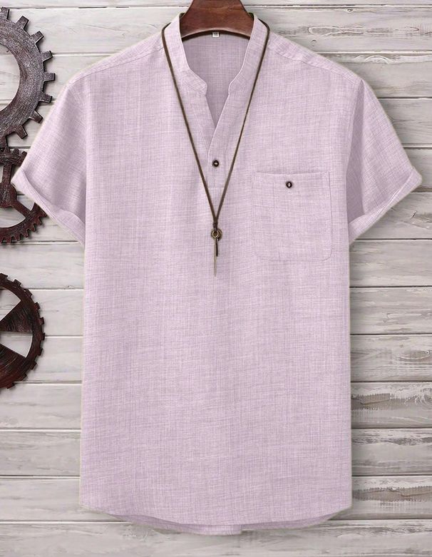 Men's Clothing Shirt Casual Short Sleeved Lapel Shirt Solid Color Men_viptrois.com