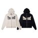 MIXED EMOTION Trendy High Street Letter Print Beaded Design Casual Unisex Hooded Cardigan Jacket_viptrois.com