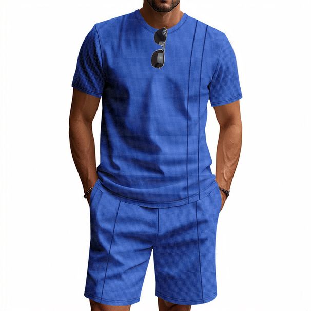 Men's Clothing European And American Cross Border Men's Simple Waffle Round Neck Short Sleeve Shorts Suit_viptrois.com