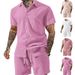 Men's Summer Solid Color Collared Short Sleeve Shirt Casual Drawstring Shorts Suit Set_viptrois.com