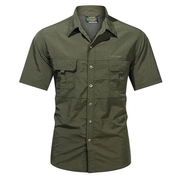 Summer Quick Dry Shirt Men Outdoor Casual Solid Color Short Sleeve Lapel Men Shirts Hiking Workwear Military Cargo Shirt For Men_viptrois.com