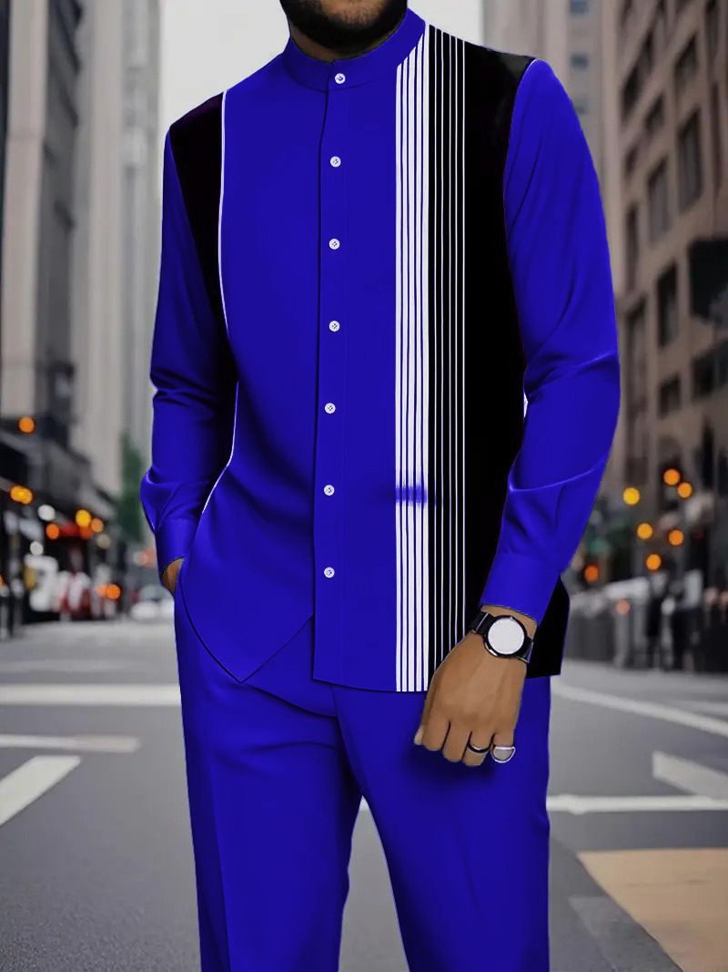 Men's Casual Trendy 3D Printed Ethnic Style Stand Collar Shirt And Long Trousers Set_viptrois.com