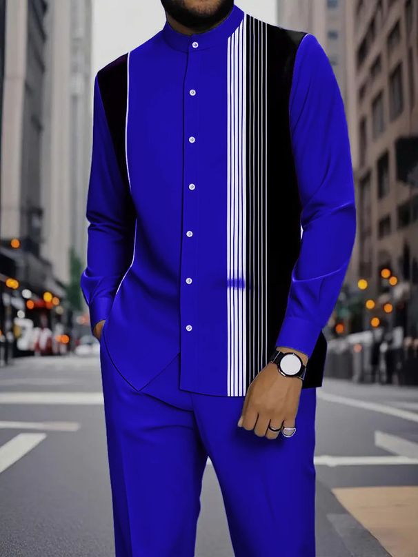 Men's Casual Trendy 3D Printed Ethnic Style Stand Collar Shirt And Long Trousers Set_viptrois.com
