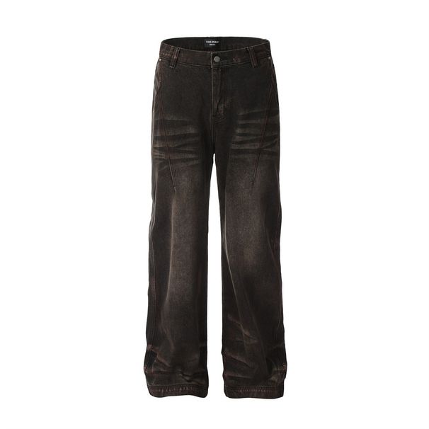 Washed Vintage Denim Spray Paint Dirty Design Style Loose Casual Straight Wide-Leg Pants Men's High Street Fashion_viptrois.com
