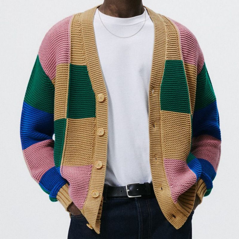 Men's Knit Cardigan Sweater - V-Neck Long Sleeve Open Front Casual Pullover For Men, Trendy Jacquard Pattern, Lightweight Polyester,_viptrois.com