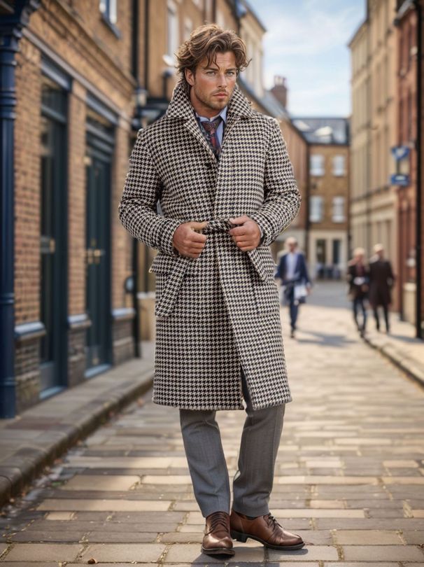 Men's Clothing woolen coat fashion trend mid length woolen twill plaid coat_viptrois.com