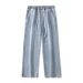 Men's Drawstring Waist Straight Leg Jeans - Relaxed Fit Stretch Denim Pants With Adjustable Ties_viptrois.com