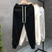 Men's Fleece-Lined Casual Pants Drawstring Waist Slim Fit Joggers Black Grey Winter Spring Comfortable Warm Letter Print_viptrois.com