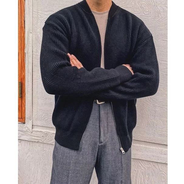 Spring Double Zipper Slim Fit Solid Color Sweater Jacket Men's Simple Fashion Baseball Collar Cardigan Knitwear_viptrois.com