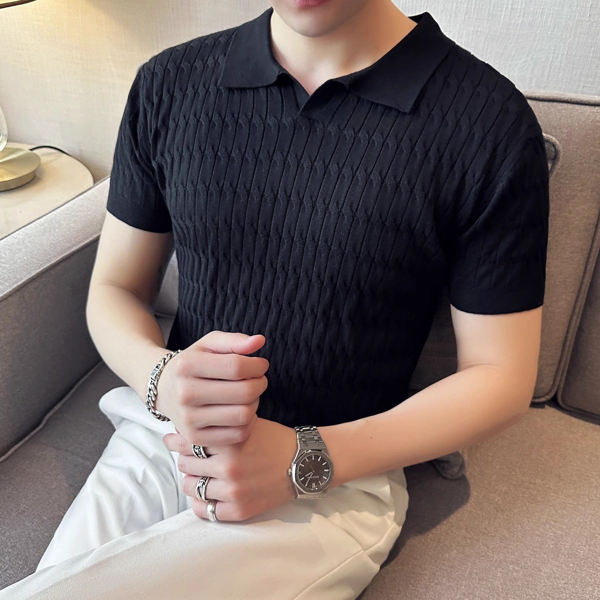 Knitted Thin Ice Silk Polo Shirt Men's Short Sleeved Summer Comfortable And Versatile Breathable Cool V Neck Business Casual T Shirt_viptrois.com