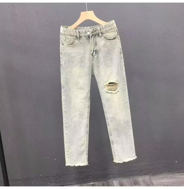 Men' Ripped Jean Summer High Street Hip Hop Wide Cropped Fringe Raw Hem College Student Looe Straight Leg Beggar_viptrois.com