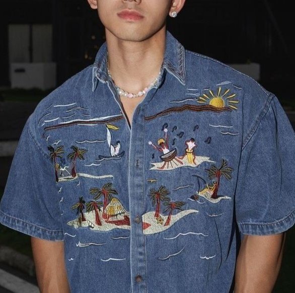 Summer New Embroidered Denim Short Sleeve Shirt Unisex Loose Street Style Trend_viptrois.com