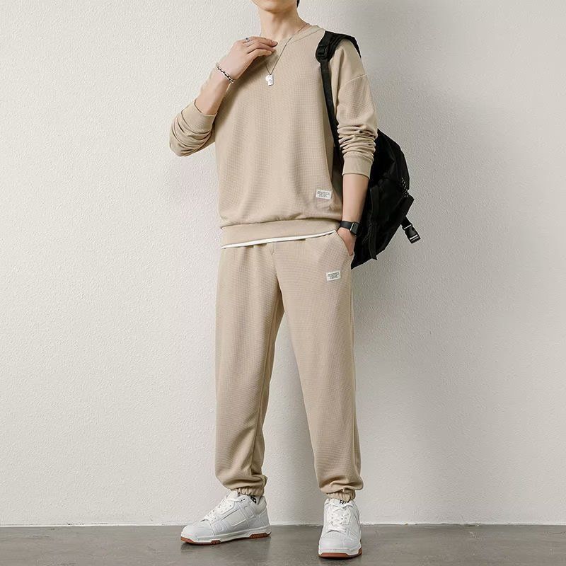 Sports Clothing Casual Sports Sweatshirt Suit Men's Autumn And Winter New Style Loose Waffle Round Neck Sweatshirt_viptrois.com