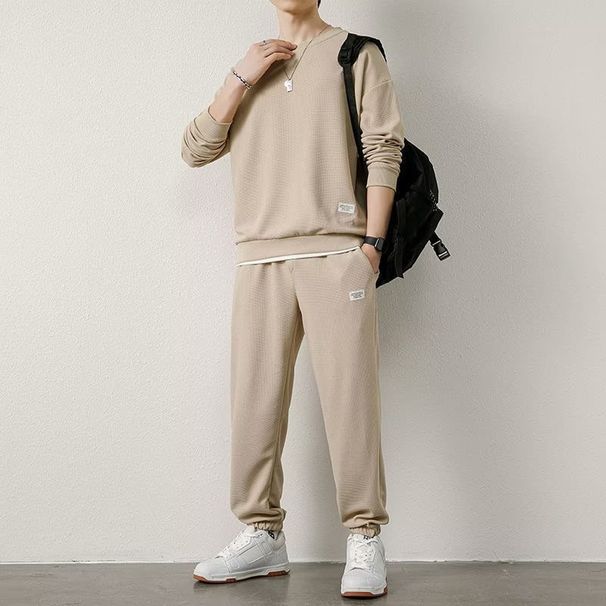 Sports Clothing Casual Sports Sweatshirt Suit Men's Autumn And Winter New Style Loose Waffle Round Neck Sweatshirt_viptrois.com
