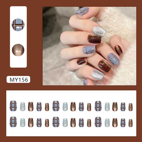 False Nails Retro Blue And Brown Contrast Plaid Fine Flash Cat's Eye Sweet White Detachable Nail Stickers 30 Pieces_viptrois.com