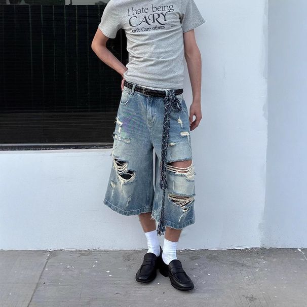 Men's Clothing Retro Hole Wide Leg Jeans For Men And Women Summer Washed Distressed High Waist Loose Straight Leg Seven Point Jeans_viptrois.com