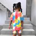 Mother & Kids INS Girls Summer Casual Tie Dye Full Print Short Sleeved 2 Piece Set Fashion Casual Sports Suit_viptrois.com