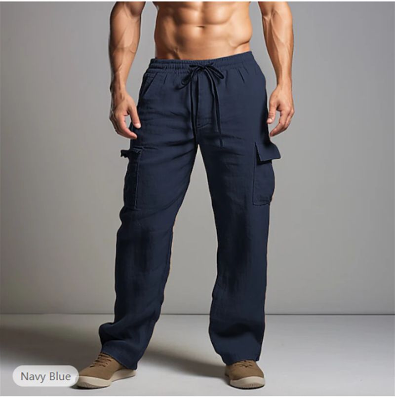 Men's Linen-Blend Cargo Pants – Straight Leg Drawstring Waist For Casual & Travel (Khaki/Black/Navy, S-XXXL)_viptrois.com