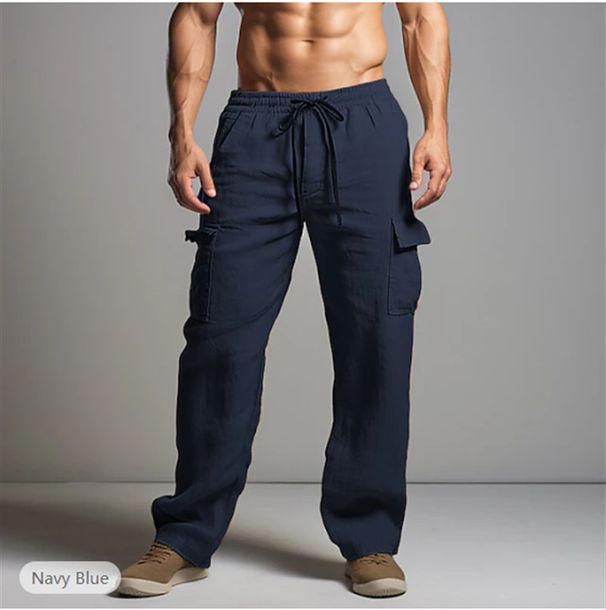 Men's Linen-Blend Cargo Pants – Straight Leg Drawstring Waist For Casual & Travel (Khaki/Black/Navy, S-XXXL)_viptrois.com