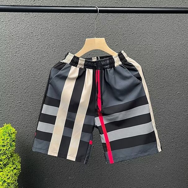 Light Luxury Trendy New Striped Patchwork Men's Shorts, Printed Thin Quick-dry Knee-length Sports Beach Pants For Men_viptrois.com