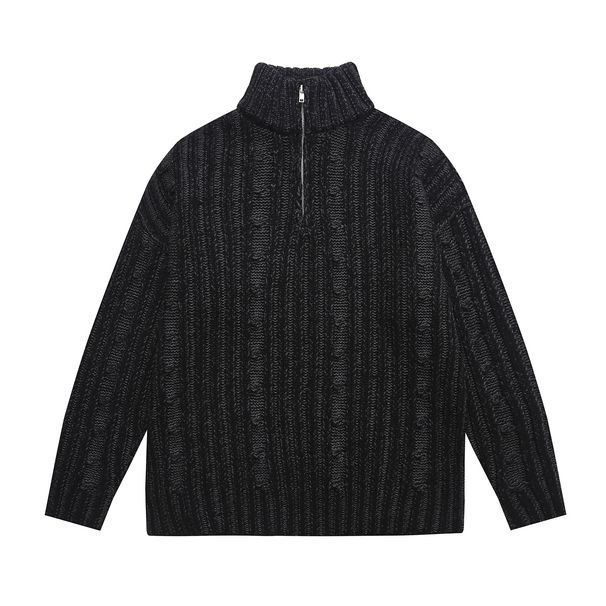 25 Autumn Winter New Half-Zip Stand Collar Pullover Knit For Men American Retro Color-Block Loose Sweater_viptrois.com