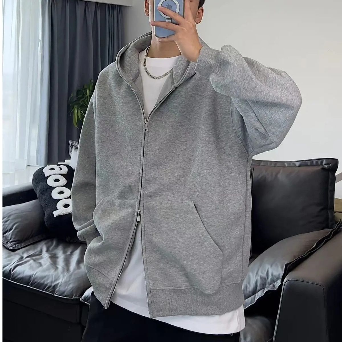 Thick casual versatile double zipper cardigan jacket for men's spring and autumn new style loose hooded sweatshirt_viptrois.com