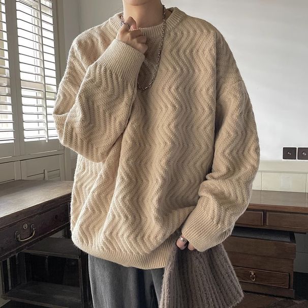 Autumn And Winter Solid Color Texture Knitted Sweater Men's Loose Sweater Round Neck Top Clothes_viptrois.com